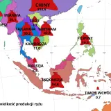 Mapa przedstawia wielkość produkcji ryżu w krajach Azji Południowo-Wschodniej. Najwięcej produkują Chiny i Indie.