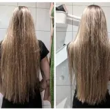 Długie, blond włosy przed i po zabiegu olejowania. Włosy wyglądają na zdrowsze i bardziej lśniące.