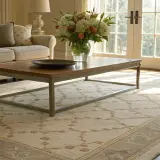 A low pile rug with a subtle geometric pattern anchors a bright living room, complementing a neutral sofa and coffee table.