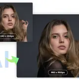 Portret kobiety przed i po ulepszeniu jakości obrazu. Upscaling AI poprawił rozdzielczość z 240x200px do 960x800px.