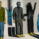 Dzieła Andrzeja Wróblewskiego: surrealistyczna wizja postaci w dziwnych pozach, z surrealistycznymi cieniami.