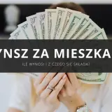 Dłonie trzymają wachlarz banknotów dolarowych. Napis "Czynsz za mieszkanie" sugeruje, że chodzi o koszty utrzymania.