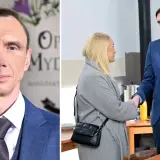 Mężczyzna w niebieskiej marynarce, być może mąż Anny Ilczuk, wita się z kobietą.