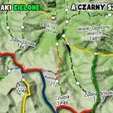 Fragment mapy turystycznej Tatr z zaznaczonymi szlakami o różnych kolorach, w tym czarnym.