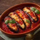 Melanzane alla Parmigiana: geschichtete Auberginen mit Tomatensauce und Käse, garniert mit Basilikum. Ein authentisches Rezept.