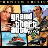 Okładka "Grand Theft Auto V Premium Edition" z postaciami, helikopterem, psem i samochodami. Szukasz GTA V za darmo?