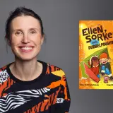 Maria Frensborg ler glatt bredvid boken "Ellen, Sorken och dubbelpingvinen".