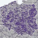 Mapa zasięgu sieci komórkowej w Polsce. Fioletowe plamy pokazują, który operator ma największy zasięg.