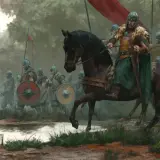 Wojownicy w zbrojach i hełmach, prowadzeni przez jeźdźca na koniu, maszerują przez błotnisty teren. To scena z gry Mount & Blade II: Bannerlord.