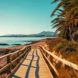 Pasarela de madera hacia paradisíacas playas de Murcia, con palmeras y el mar azul.
