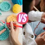 Hands crocheting with colorful yarn and hands knitting with wooden needles. A creative comparison of knitting and sewing crafts.