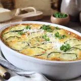Szybka i prosta zapiekanka z cukinii, udekorowana natką pietruszki i parmezanem, gotowa do podania.