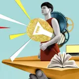 Un avión de papel lleva un libro abierto y un portátil. Una mujer con engranajes en la espalda sostiene un megáfono dorado, como si lanzara ideas, similar a las fichas primero de primaria.