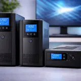 Tres equipos negros, dos verticales y uno horizontal, muestran pantallas digitales azules. Son un ejemplo de qué es un sai, protegiendo tus dispositivos.