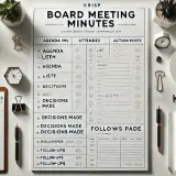 A desk setup for a board meeting, featuring a laptop, coffee, and a document titled "Board Meeting Minutes" with agenda items and action points.