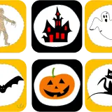 Imágenes de banderines de Halloween para imprimir: momia, casa embrujada, fantasma, murciélago, calabaza y gato negro.