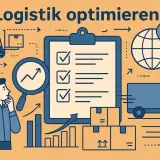 Mann plant die Optimierung von warehousing and logistics. Gabelstapler, LKW, Pakete, Checkliste und Diagramme symbolisieren Effizienzsteigerung.