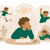 En pojke sitter vid ett bord med en öppen bok, omgiven av tankebubblor som visar lek, ilska, klassrum och en mysig koja. Tidiga tecken på adhd kan yttra sig på många sätt.