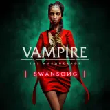 Kobieta w czerwonej sukience trzyma złotą różę. Napis "Vampire The Masquerade Swansong" sugeruje mroczny świat gry.