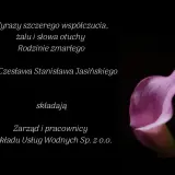 Wyrazy szczerego współczucia dla rodziny zmarłego Śp. Czesława Stanisława Jasińskiego. Zarząd i pracownicy Zakładu Usług Wodnych Sp. z o.o. składają kondolencje sms.