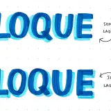 Dos ejemplos de la palabra "BLOQUE" con **sombras de letras** en azul. La primera tiene sombra a la izquierda, la segunda a la derecha.