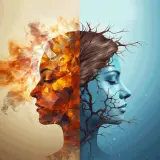 Volto diviso: metà fuoco e calore, metà ghiaccio e rami secchi. Un bipolare può vivere da solo, affrontando le sue dualità.