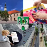 Kolaż: ratusz, próbki kolorów, kobieta z próbkami materiałów, ulica w budowie, herb Zielonej Góry.