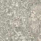 Stary plan zagospodarowania terenu z zaznaczonymi ulicami, placami i budynkami. Widać fragmenty Rzymu z epoki.