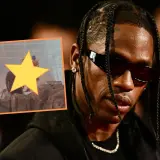 Travis Scott na scenie, w tle tłum. Gwiazda rapu w okularach przeciwsłonecznych.