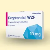 Opakowanie leku Propranolol WZF 10 mg. Stosowany na nadciśnienie, arytmię, drżenie.