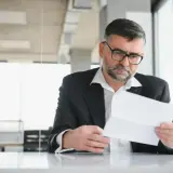 Zmartwiony mężczyzna w okularach czyta list, który może dotyczyć tego, co grozi za niespłacanie kredytu.
