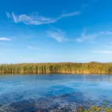 Spokojny zalew Mietkowski z trzcinami na horyzoncie i błękitnym niebem z chmurkami.