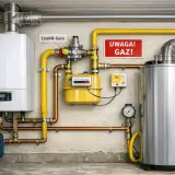 Instalacja gazowa w domu 150m2: kocioł, licznik, czujnik gazu i bojler.