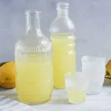 Ein Glas mit dem original italienischen Limoncello Rezept, daneben eine Karaffe, Flasche und Zitronen.