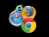 Ikony przeglądarek Internet Explorer, Firefox i Chrome oraz kompas na czarnym tle.