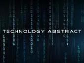 Tło z kodem binarnym i napisem "TECHNOLOGY ABSTRACT".