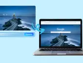 Grafika przedstawia proces zmiany tła w przeglądarce Chrome na zdjęcie latarni morskiej.