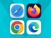 Ikony przeglądarek Safari, Firefox, Chrome i Edge na niebieskim tle.