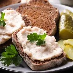 Kanapki z domowym smalcem, ogórki kiszone i ciemne pieczywo na talerzu.