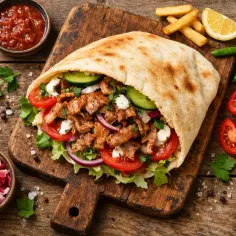 Kebab w bułce z warzywami, frytkami i sosami na drewnianej desce.