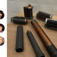Zestaw Dyson Airwrap z różnymi końcówkami do stylizacji włosów. Obok trzy zdjęcia kobiet.