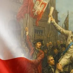 Król Stanisław August Poniatowski wznosi dokument, symbolizujący postanowienia Konstytucji 3 Maja, wśród wiwatującego tłumu.