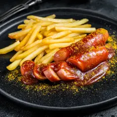 Pyszny currywurst przepis: kiełbaska z sosem curry i frytki na czarnym talerzu.