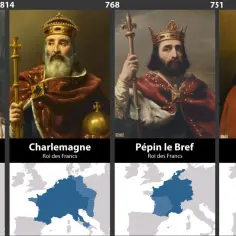 Portrety królów Francji: Ludwik I Pobożny, Karoling, Pepin Krótki, Childeryk III. Kolekcja przedstawia królowie francji chronologicznie.