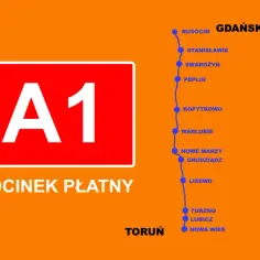Autostrada A1 odcinek płatny. Mapa pokazuje trasę od Torunia do Gdańska z zaznaczonymi miejscowościami.
