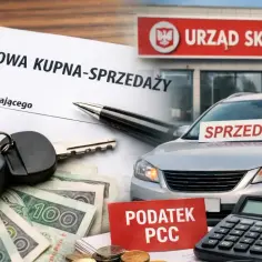 Umowa kupna-sprzedaży auta, kluczyki, pieniądze i kalkulator. Na szybie samochodu napis "SPRZEDANY", a obok tabliczka "PODATEK PCC". W tle Urząd Skarbowy.