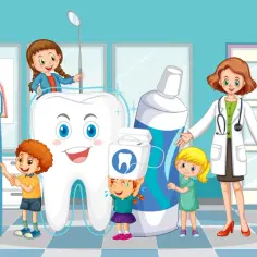 Dzieci i dentystka świętują dzień dentysty, ucząc się o higienie jamy ustnej przy gigantycznej szczoteczce, paście i nici dentystycznej.