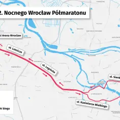 Trasa 12. Nocnego Wrocław Półmaratonu: start przy Tarczyński Arena, meta na Placu Grunwaldzkim. Trasa wiedzie przez ul. Lotniczą, Legnicką, Sienkiewicza i Kazimierza Wielkiego.