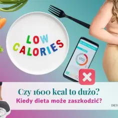 Talerz z napisami "LOW CALORIES", telefon z aplikacją kalorii, warzywa i sylwetka kobiety.