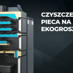 Przekrój kotła na ekogroszek z widocznymi elementami wewnętrznymi.